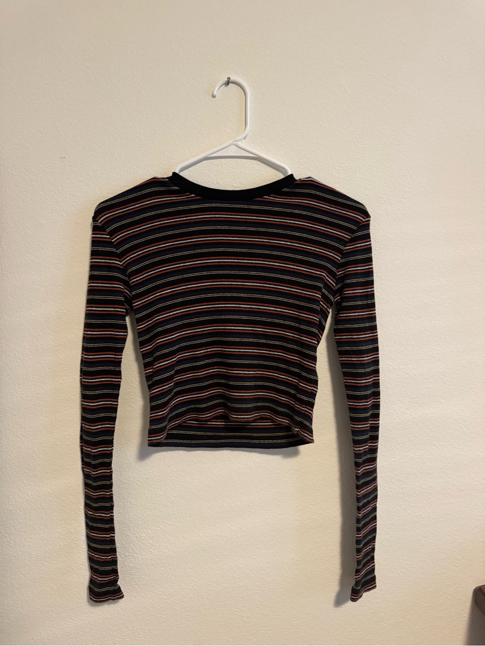 Brandy Melville Black Long-Sleeve Crop Top with Multi-Color Stripes